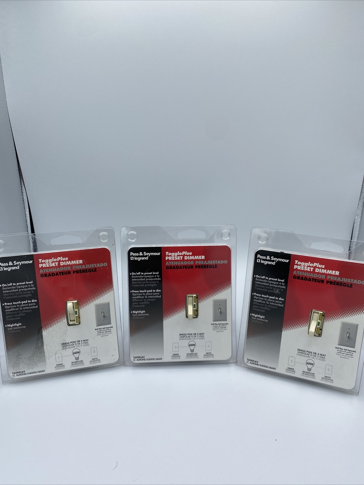 LOT OF 3 Pass & Seymour Legrand Toggleplus preset dimmer T600ELAV almond color