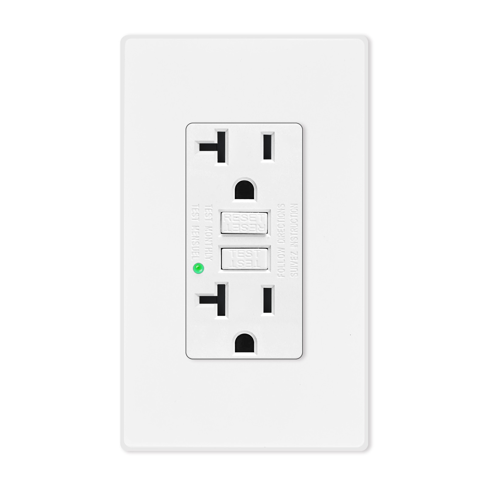 1 PK Safety GFCI Outlet 20 Amp Non-TR LED Duplex Receptacle White Indoor w/Plate