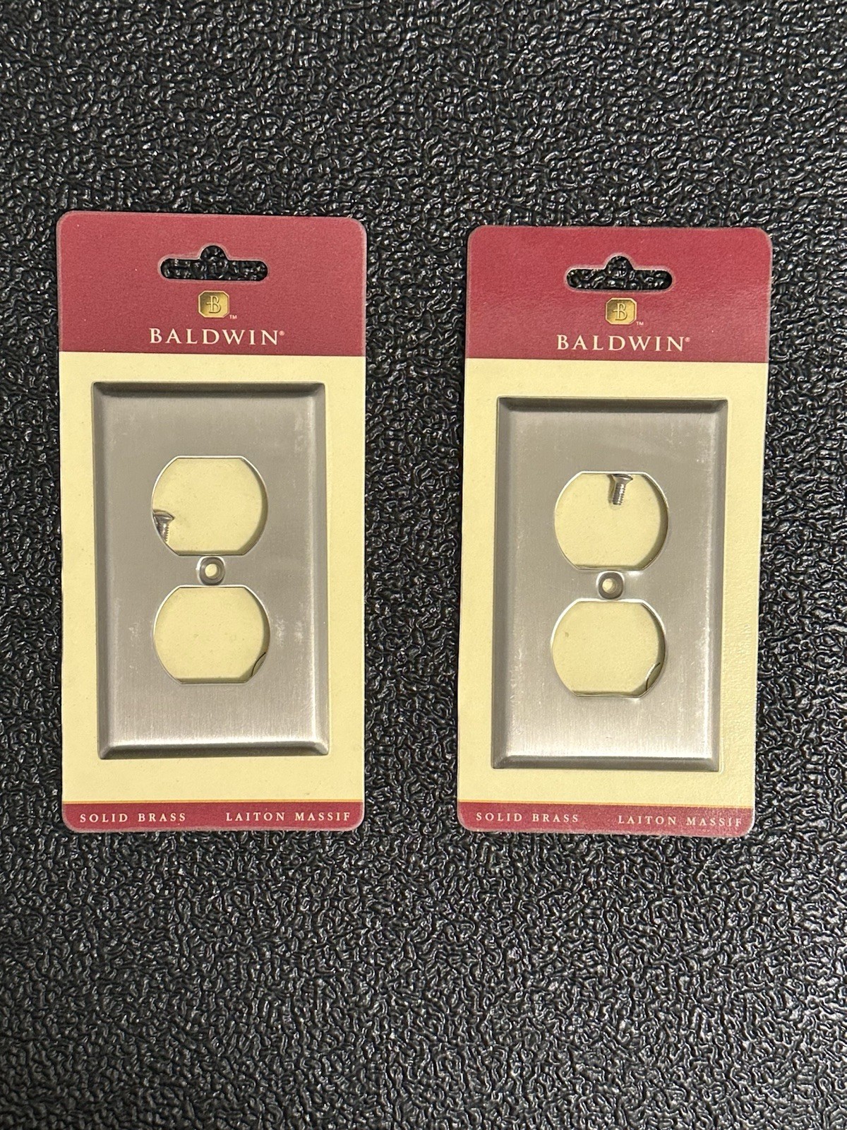 New – Baldwin Solid Brass Brushed Nickel Finish Duplex Outlet Cover – Set of 2