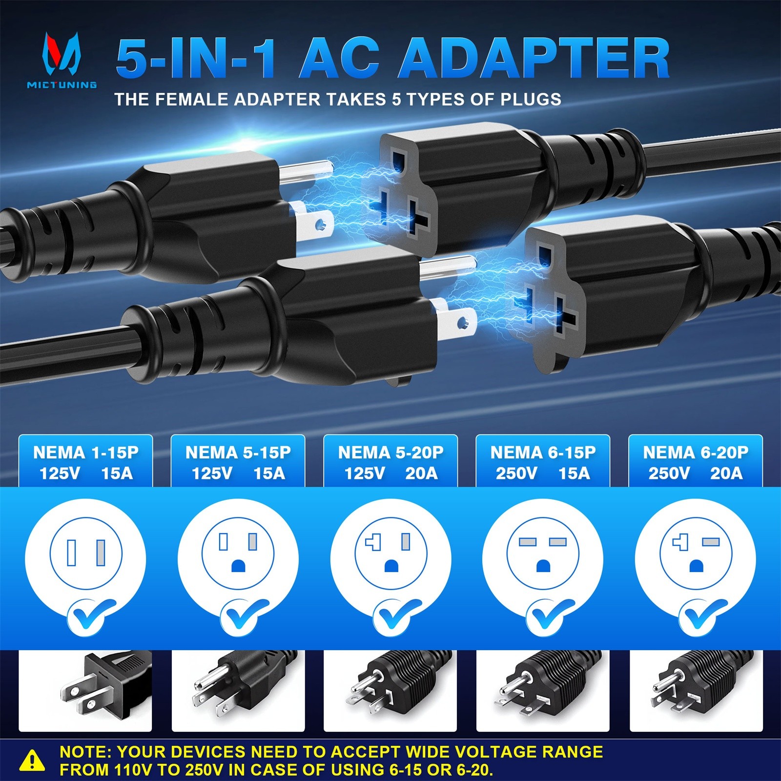 MICTUNING 20Amp AC Port Plug RV Shore Power Inlet T-Blade Adapter 18” Extension