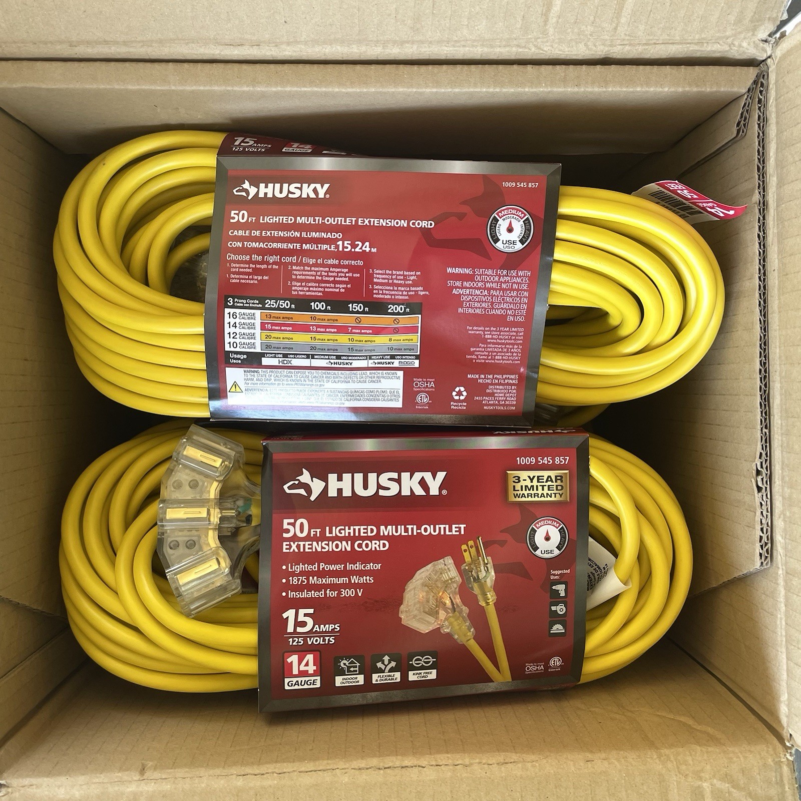 Husky 50 ft. 14/3 Medium Duty Extension Cord with Multiple Outlet Triple Tap