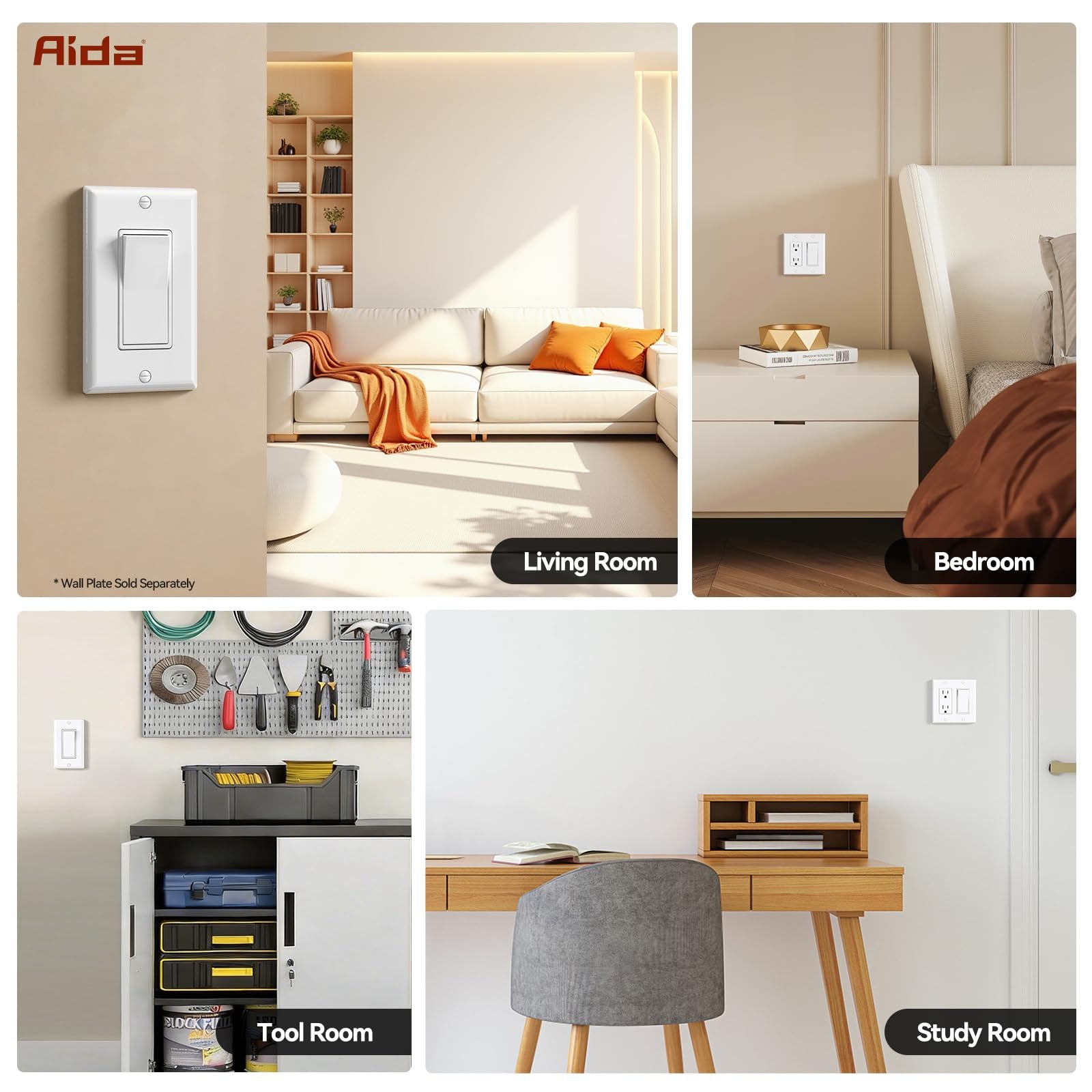 AIDA 4 Way Switch Decorative Light Switch, 15Amp, 4 Glossy White