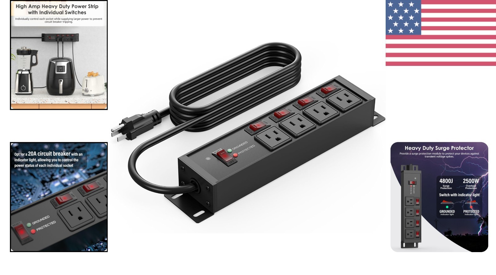 Industrial Grade Power Strip with 20A Switches & 4800J Surge Protection, Black