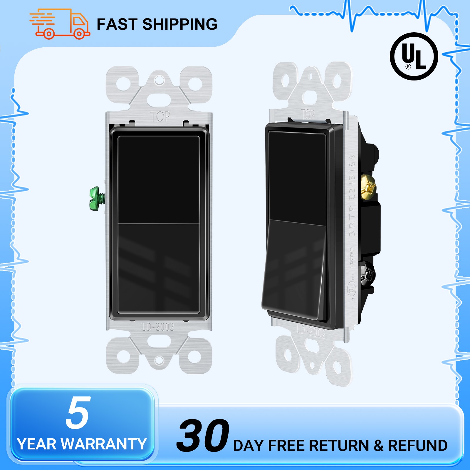 15A 120/277V Black Single Pole Rocker Light Switch UL/CUL Listed Home Use 2PK