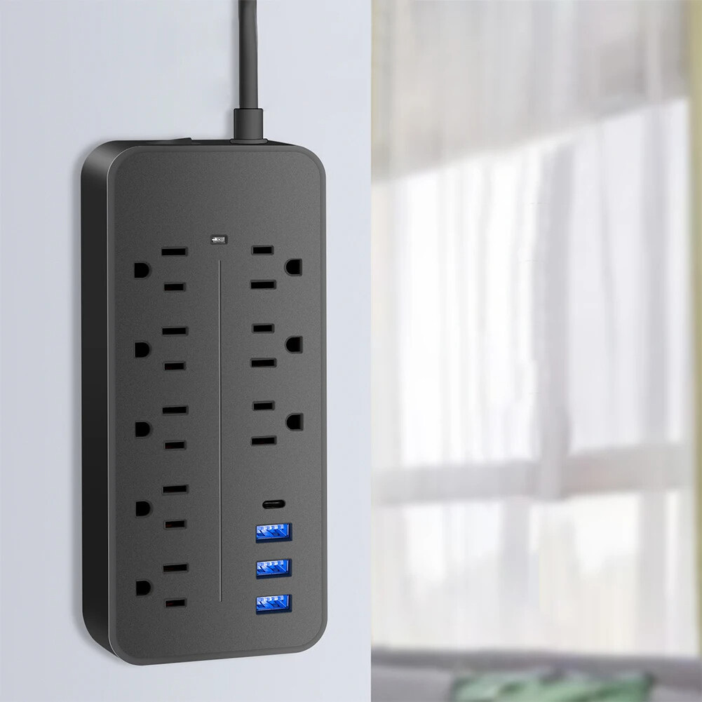 US Wall Mountable USB Surge Protector Power Strip 8 Outlet Plugs w/ 4 USB Ports