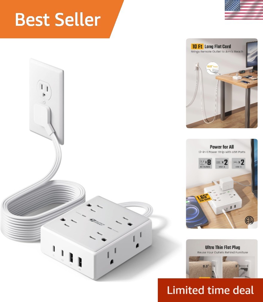 10Ft Surge Protection Power Strip: 8 Outlets & 4 USB Ports – Ideal for Any Setup