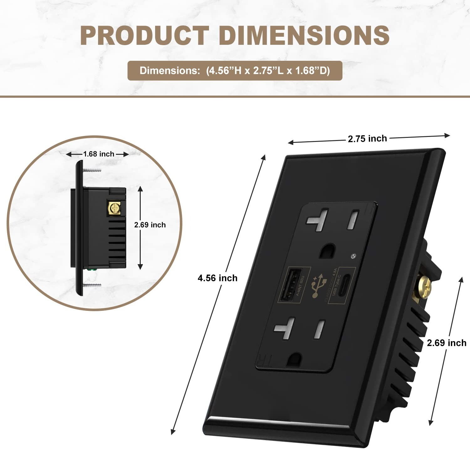 4.8A USB C Outlet UL Dual High Speed, Receptacle 20 Amp,125 Volt,Black,10Pack