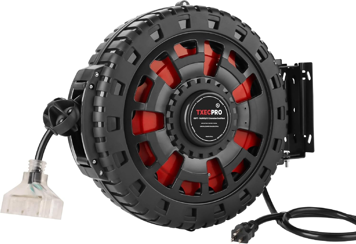 14 Gauge Retractable Extension Cord Reel, 60 FT 14 AWG/3C SJTOW Heavy Duty Power