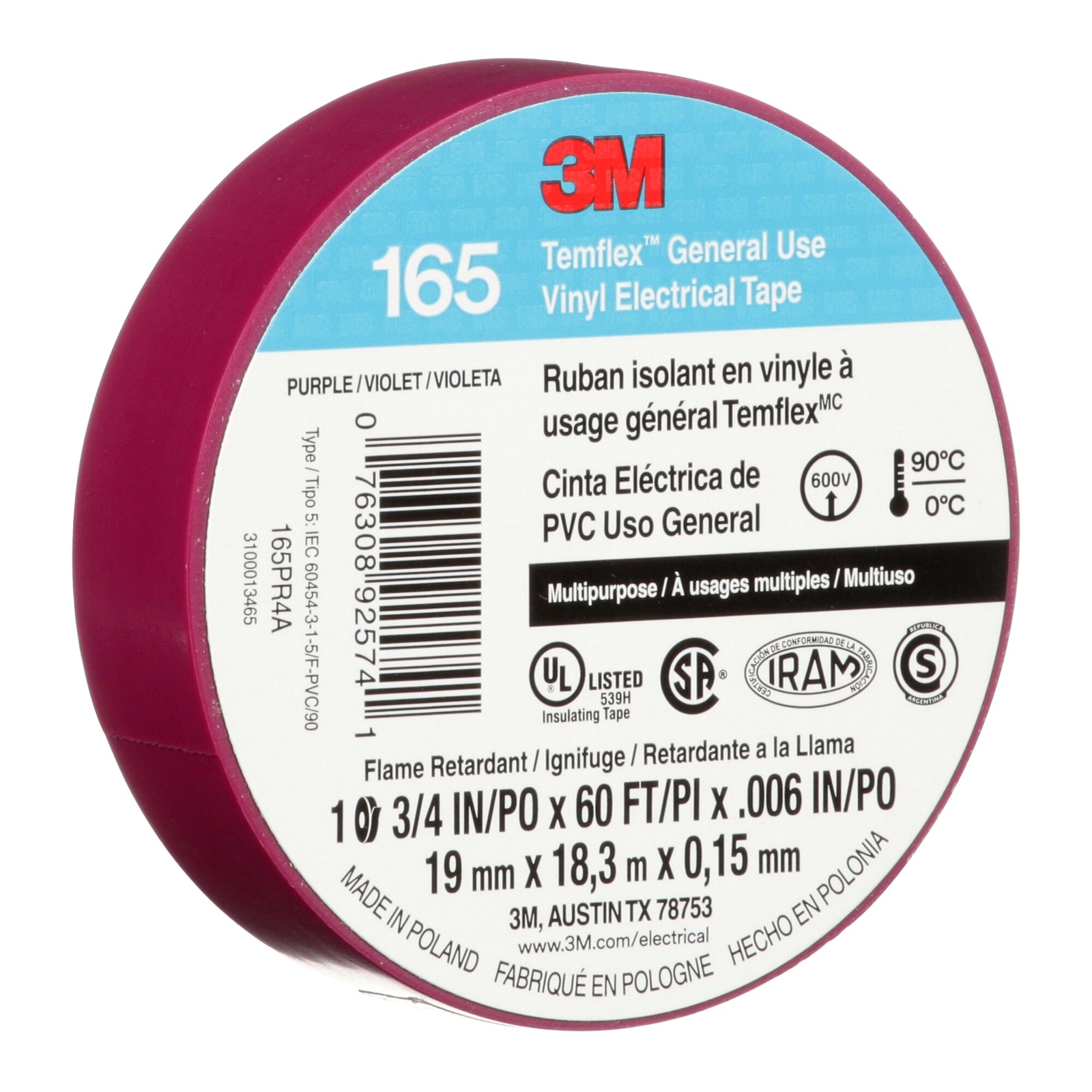 3M Temflex Vinyl Electrical Tape 165, Purple, 3/4 in x 60 ft (19 mm x 18 m)