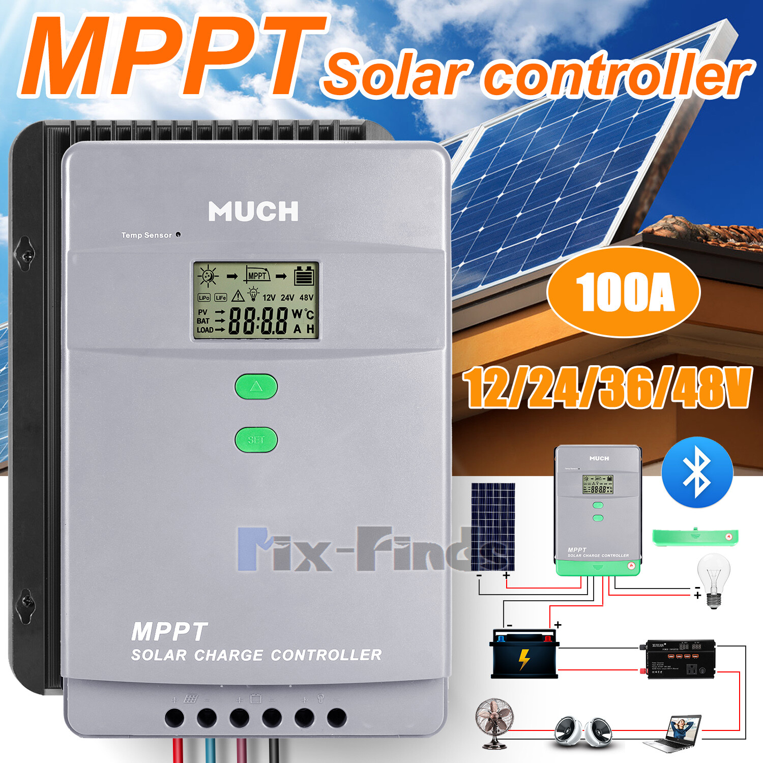 100A MPPT Solar Charge Controller 12V 24V 36V 48V Auto PV 150V MAX 5200W LCD APP