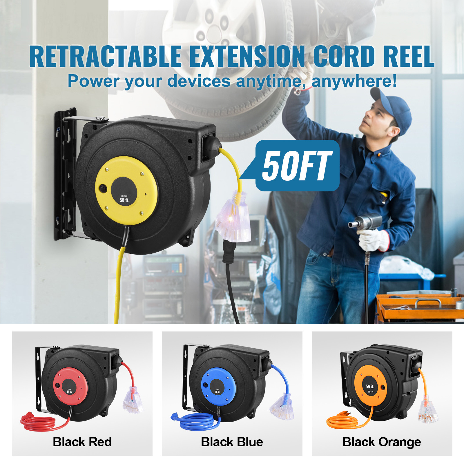 VEVOR Retractable Extension Cord Reel Power Cord Reel 50FT 14AWG/3C SJTOW