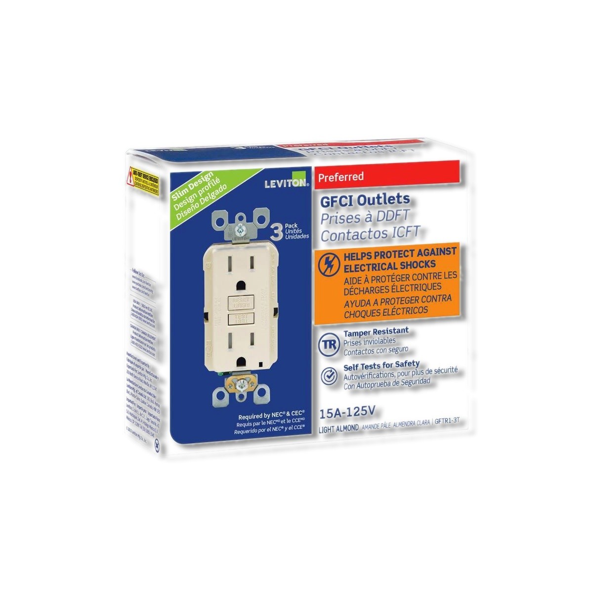 Leviton SmartlockPro 15 A 125 V Duplex Light Almond GFCI Outlet 3 pk GFTR1-03T