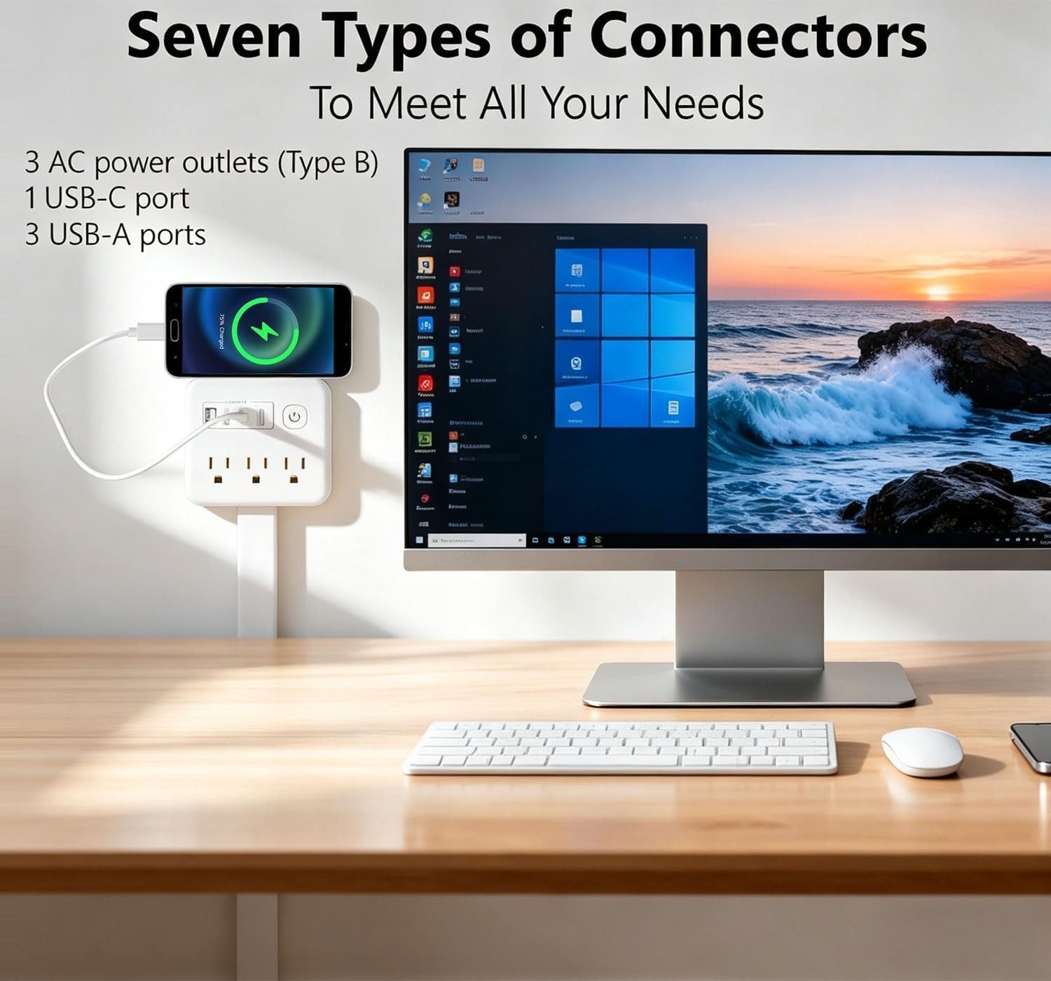 Electrical Outlet Extender 7 Outlets 4 USB Ports Adjustable 17-26 Inch White