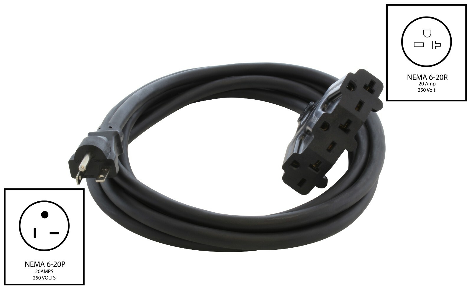 10ft 20 Amp NEMA 6-20P to (3)NEMA 6-20R Outdoor Extension Cord by AC WORKS®