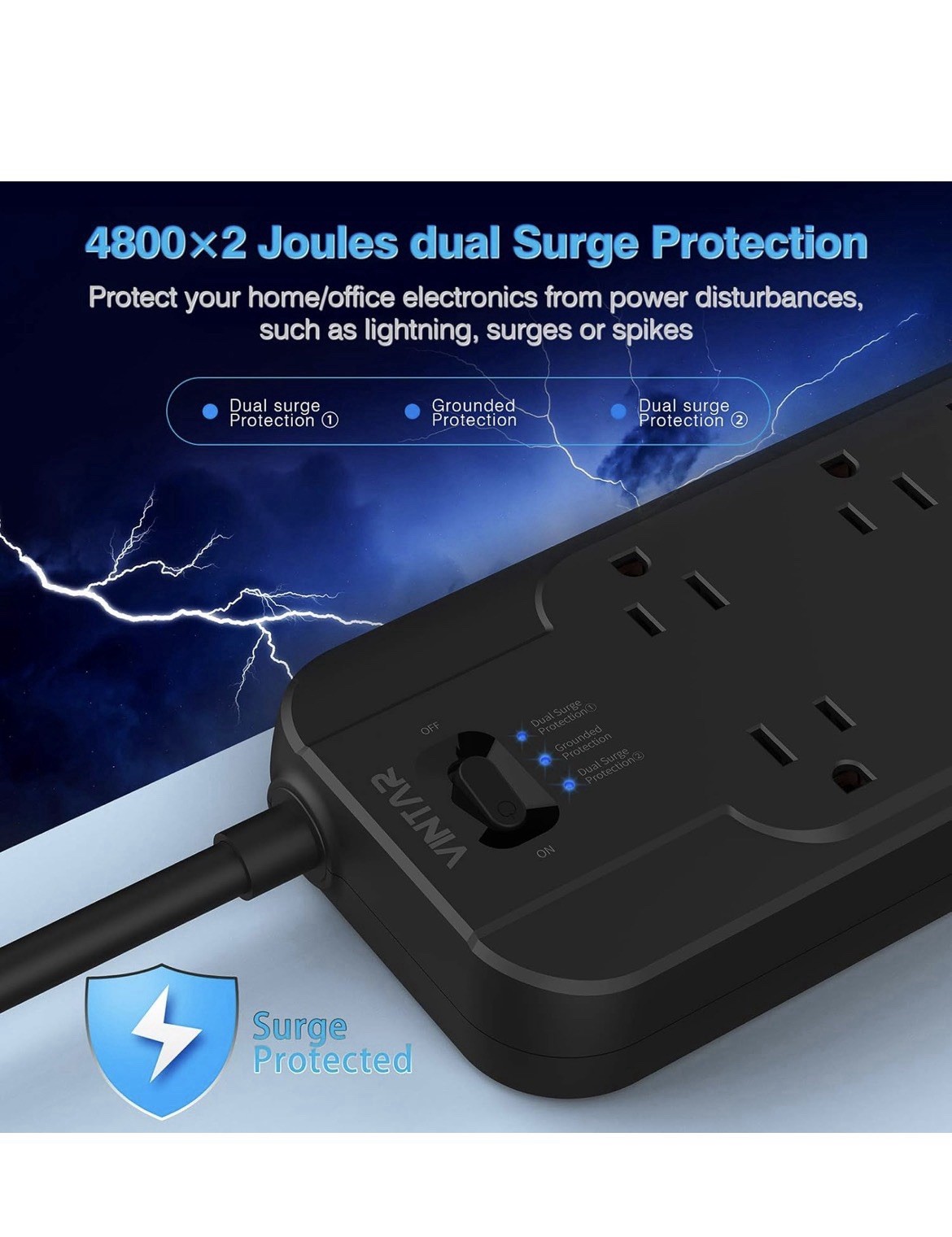 VINTAR Power Strip Surge Protector (2 × 4800 Joules) with 12 AC Outlets,1875W