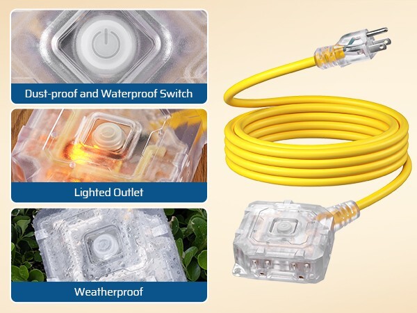 DEWENWILS 15FT Heavy Duty Extension Cord 14AWG, 6 Outlets, Waterproof Switch