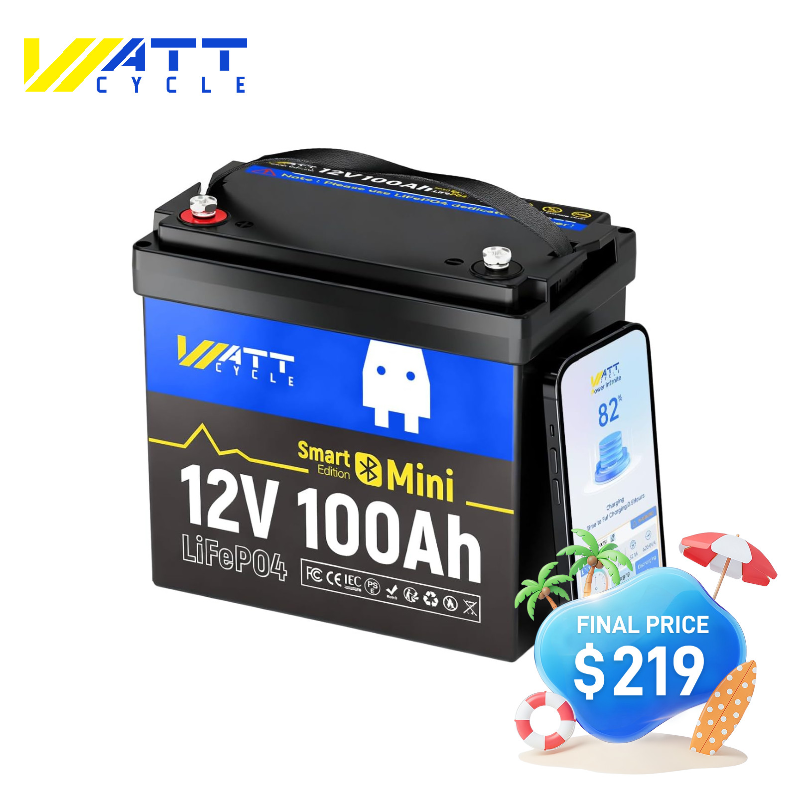 WattCycle 12V 100Ah Lithium Deep Cycle Battery Bluetooth for RV Solar Off-Grid