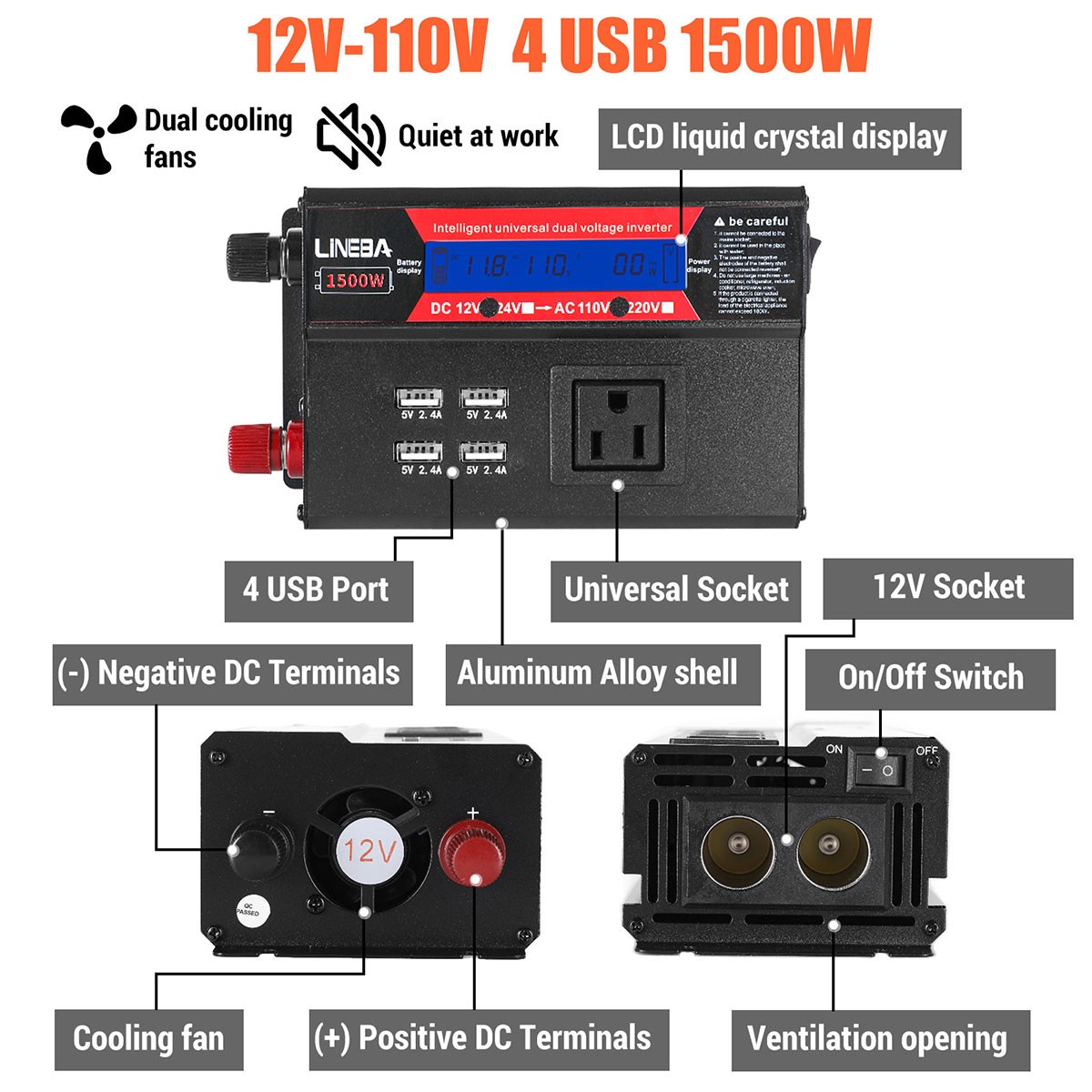 1500W 2500W 5000W Car Power Inverter 12V to 110V Converter 3AC 4USB LCD Display