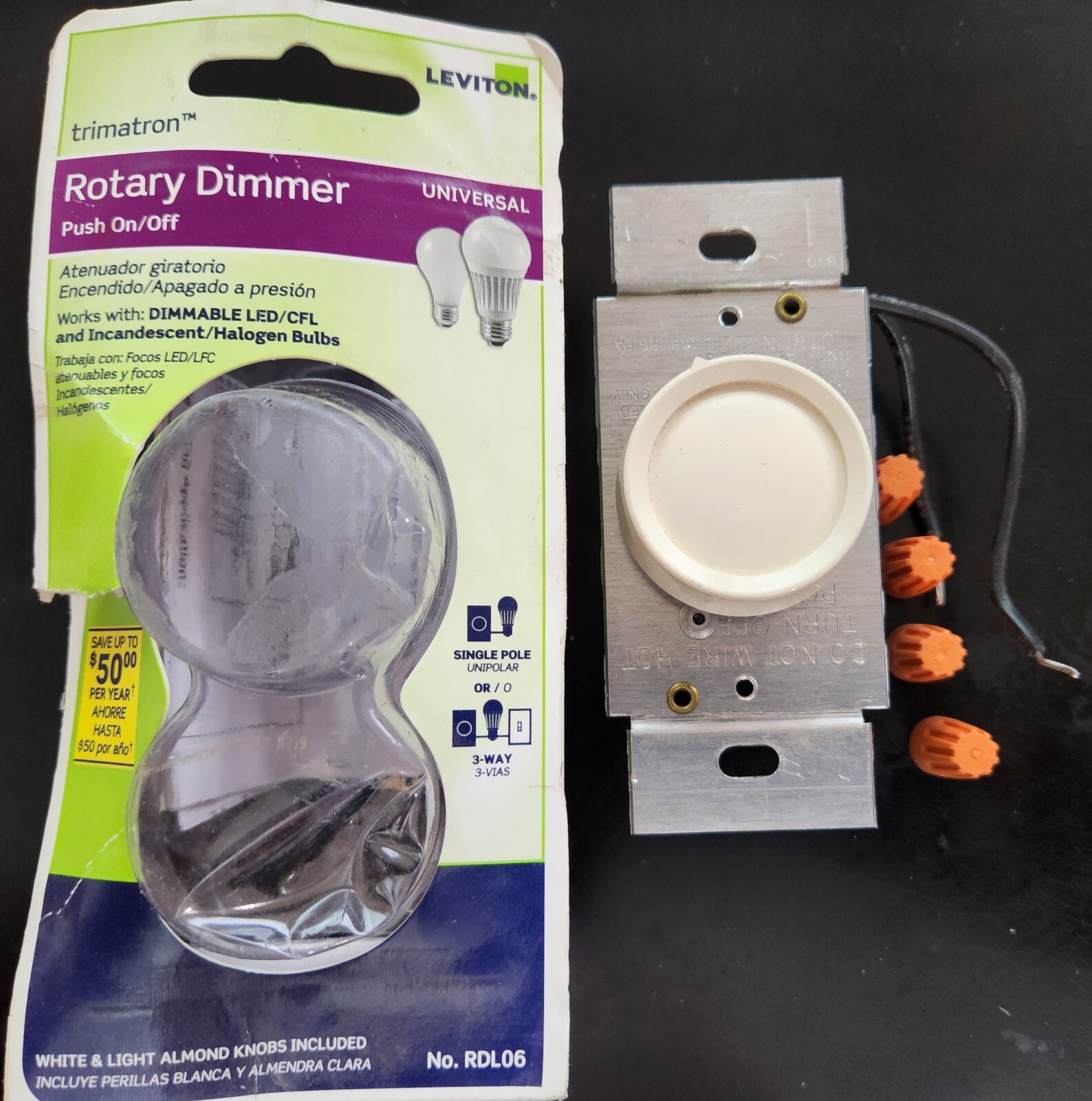 Leviton R00-RDL06-0TW Rotary Dimmer push on/off Light Almond