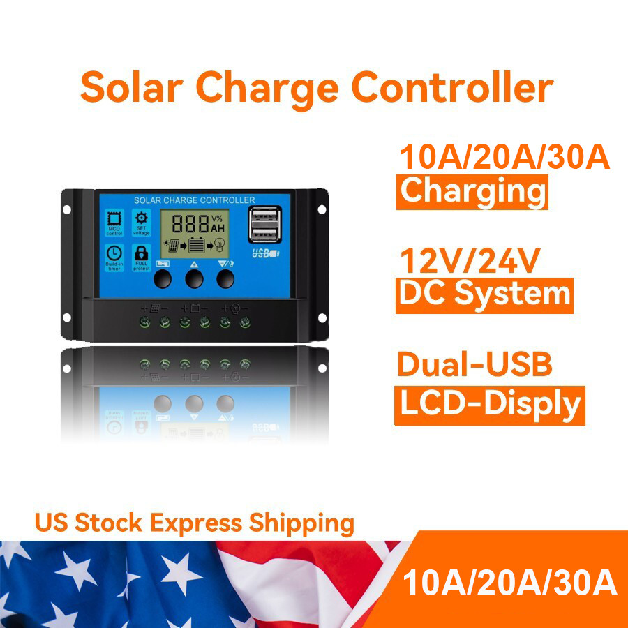 10A 20A 30A Solar Panel Charge Controller 12V/24V LCD Regulator Auto Dual USB