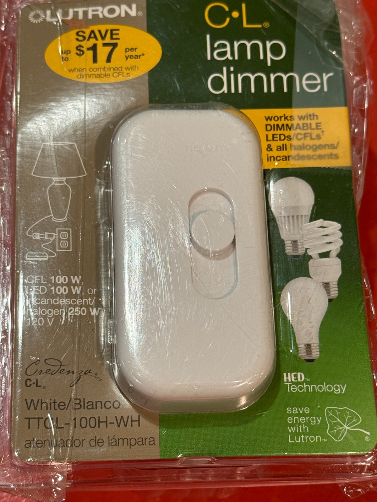 Lutron Credenza Plug-In Lamp Dimmer Slide Style White TTCL-100H-WH Energy Saver