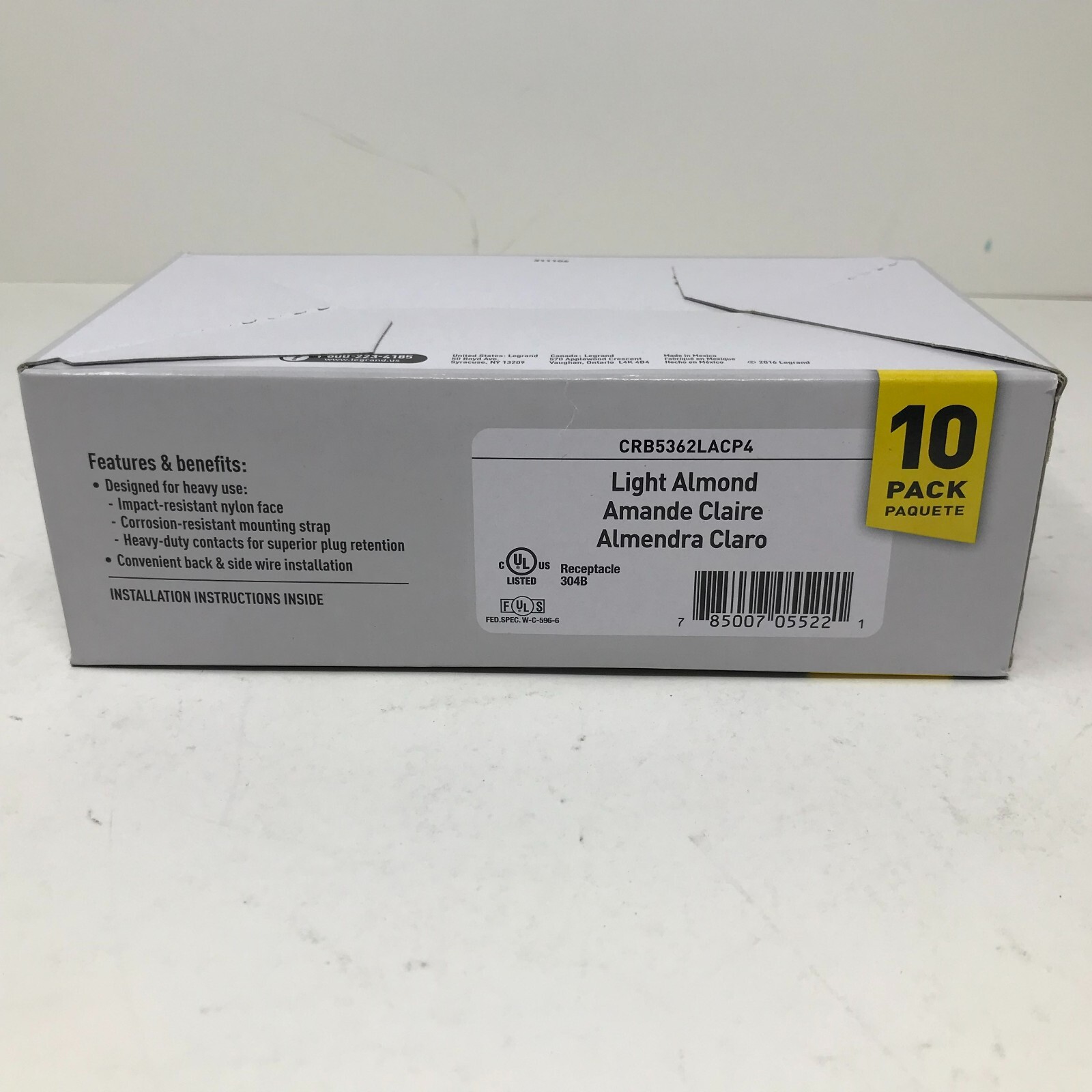 Legrand CRB5362LACP4 Commercial 20A Outlet Back & Side Wire Light Almond 10 Pack