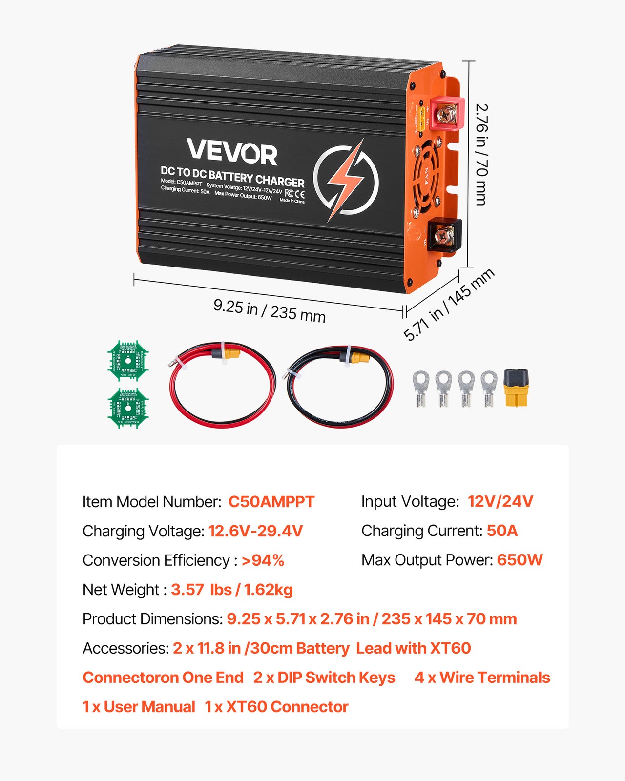 VEVOR DC to DC Charger MPPT 650W 50A On-Board Battery Charger Solar/Alternator