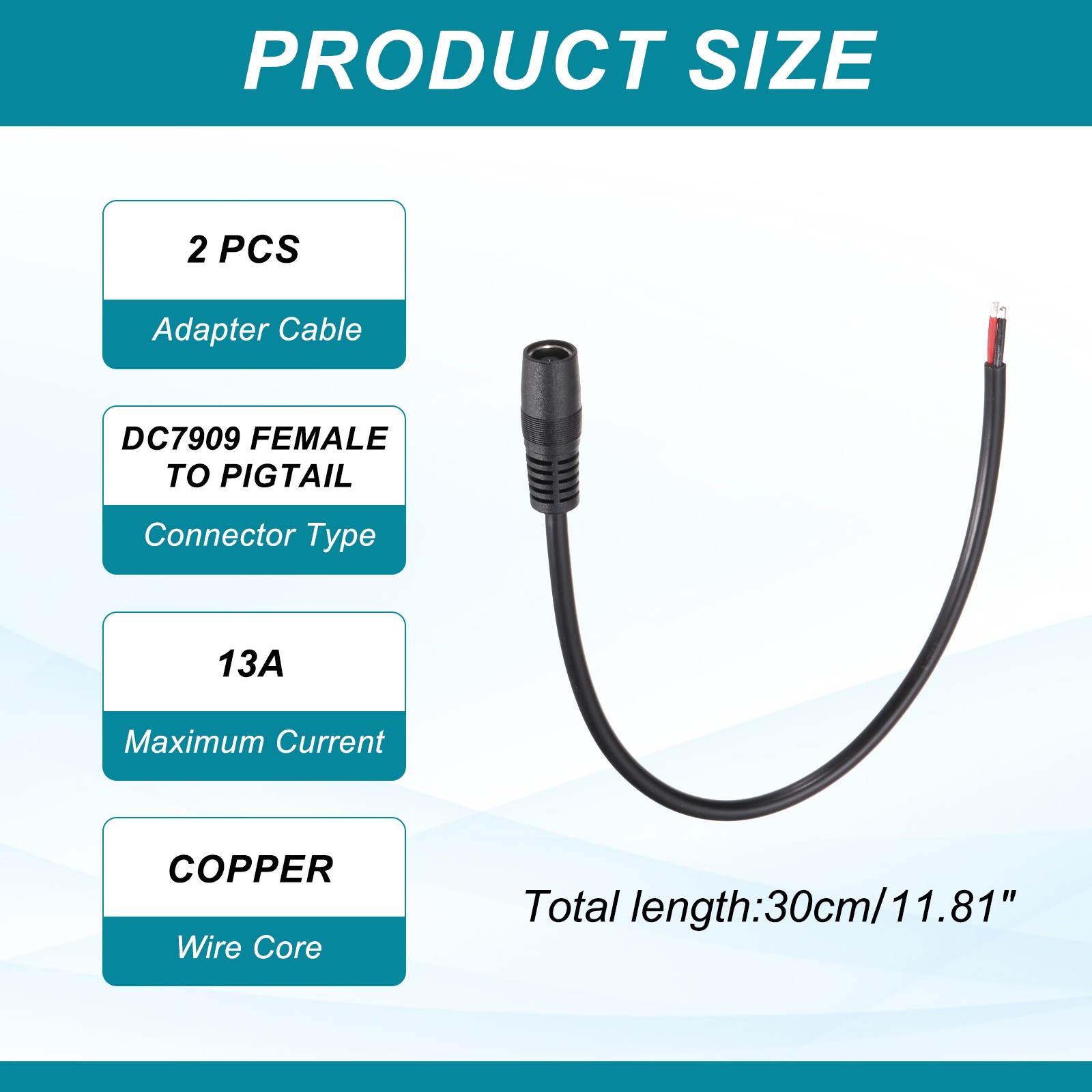 2Pcs DC7909 Connector Cable 7.9×0.9mm 13A DC7909 Female Pigtail Cable