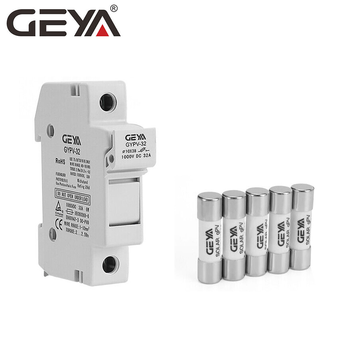 GEYA 5PCS FUSE& 1PCS 1P Holder Solar DC PV Protection 15/20/30Amp 10*38mm 1000DC