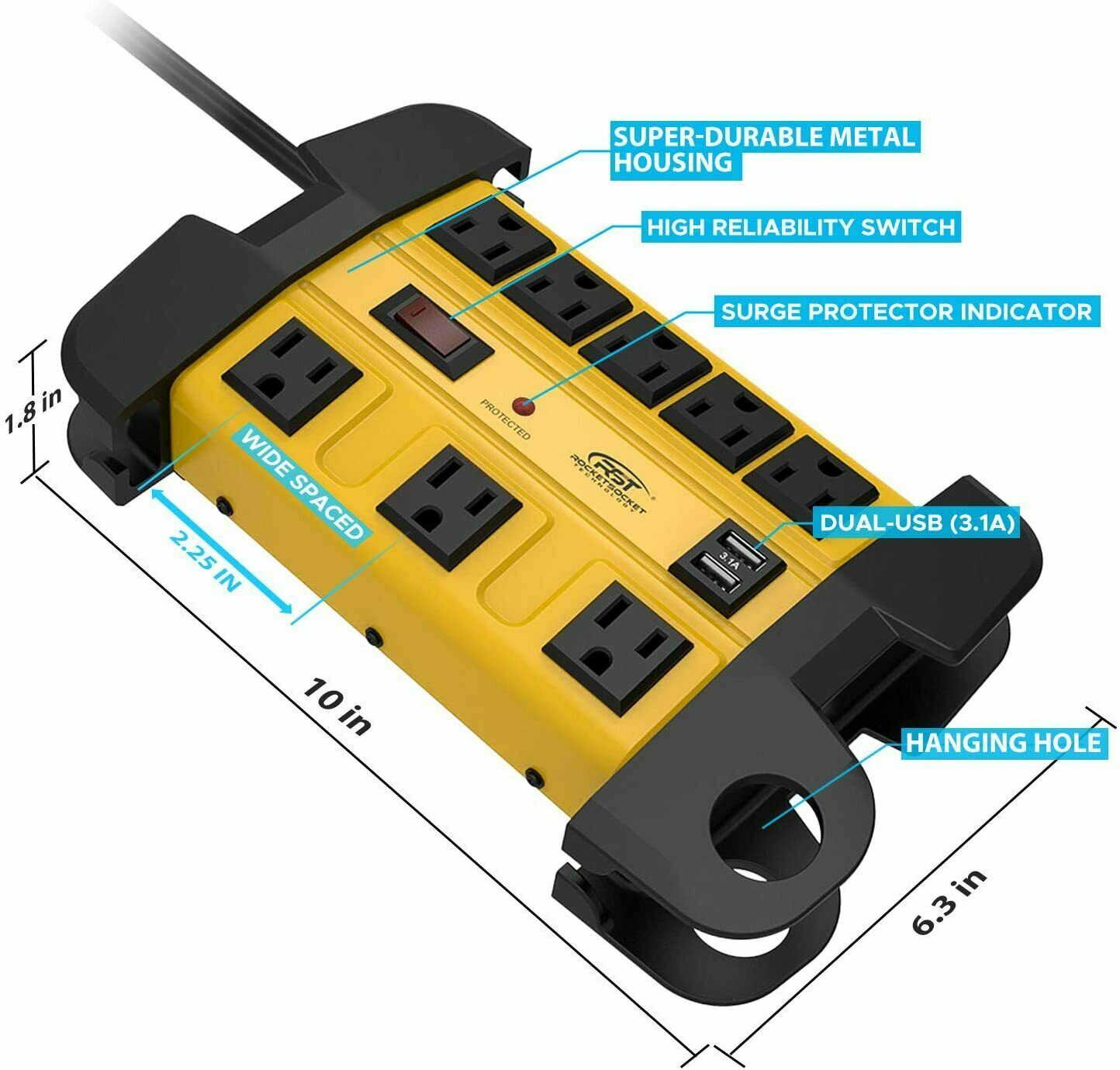 8 outlets+2 USB port,Heavy Duty Power Strip 1350J Surge Protector 15 feet cord