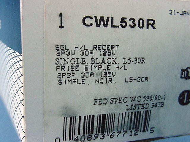 Cooper CWL530R Black Twist Turn Locking Receptacle Outlet NEMA L5-30R 30A 125V