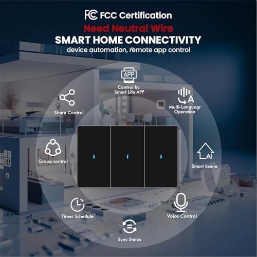 Smart Light Switch Need Neutral Wire,FCC Single Gang 3 Button Black