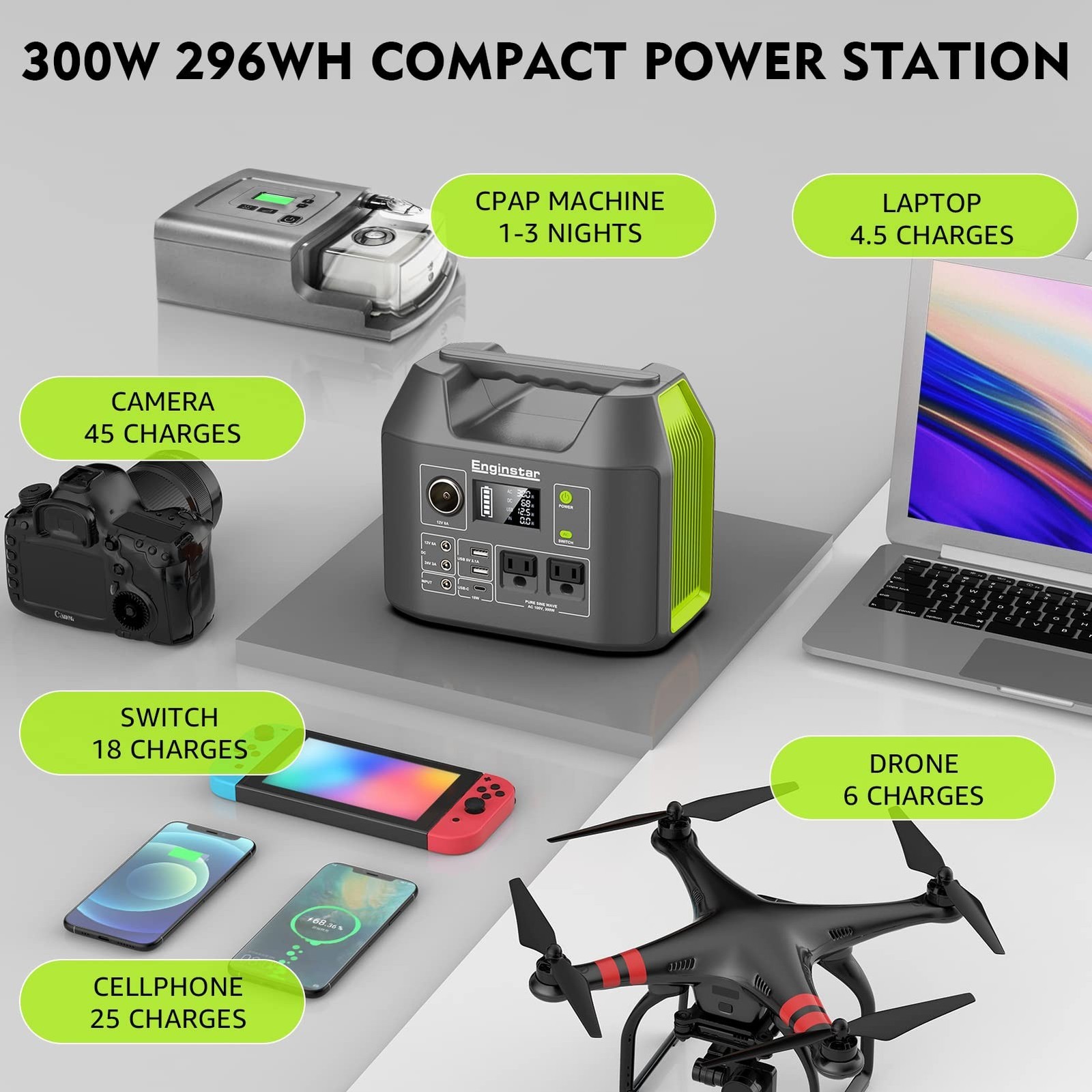 EnginStar Portable Power Station 300W, 296Wh Battery Pack with 110V Pure Sine…