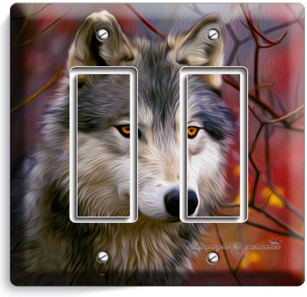 GRAY WOLF IN WOODS FOREST DOUBLE GFCI LIGHT SWITCH WALL PLATE COVER HOME DECOR