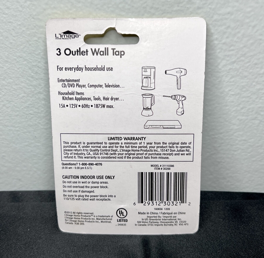 L’Image 3 Outlet Wall Tap – Converts Receptacles To Three Outlets, Gray