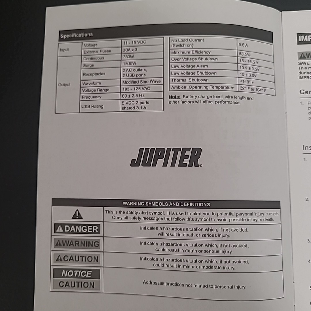 JUPITER 750 WATT POWER INVERTER 56425 (J27002491) Output 115v Peak 1500w & 2 Usb