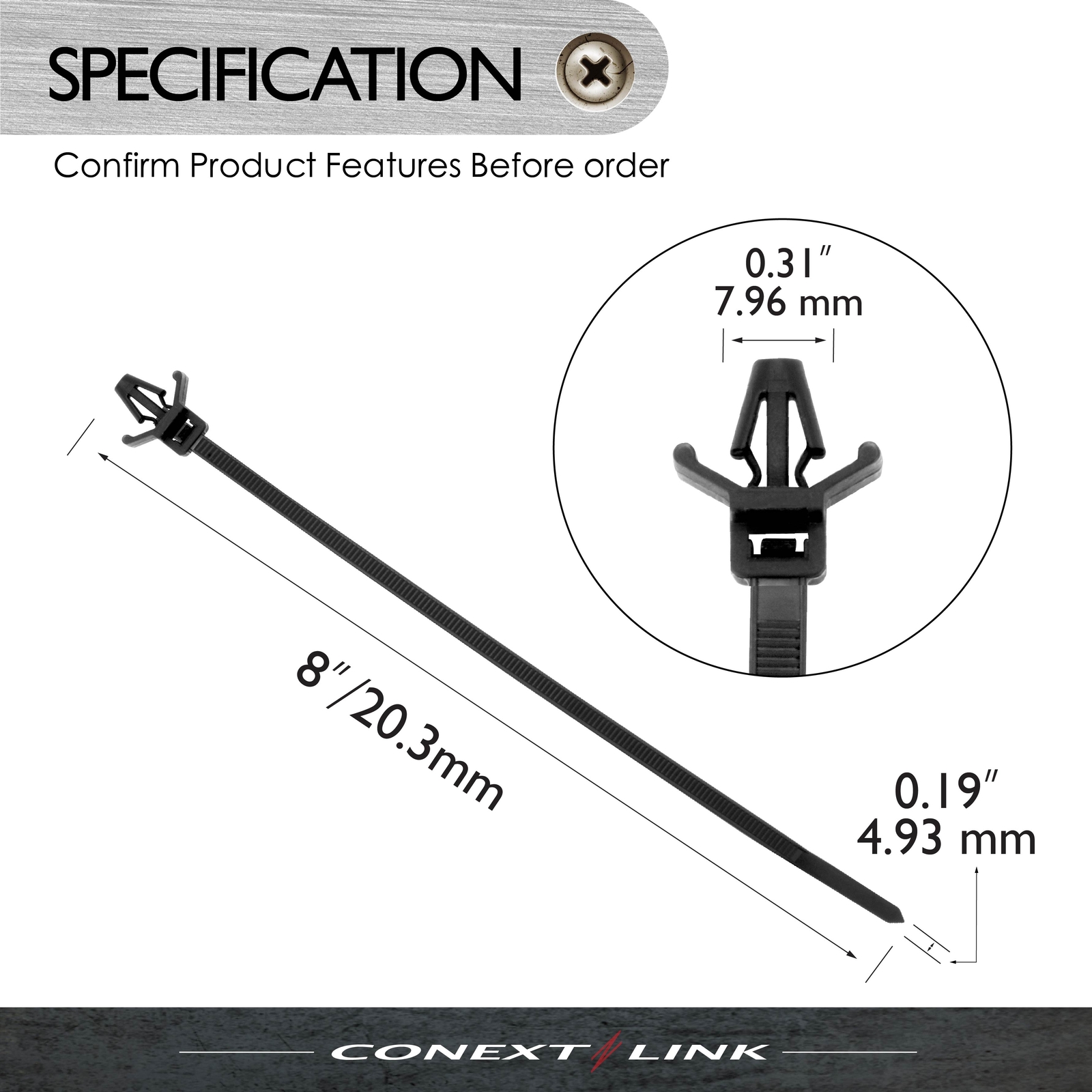 100 UV Nylon Cable Wire Zip Ties Arrow Head Push Mount 50 LBS 7.2″ Inch Black