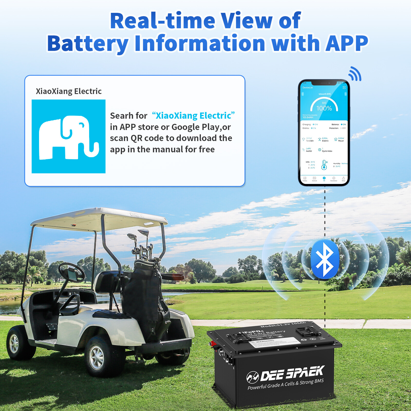 36V 48V 105Ah Golf Cart Lithium LiFePO4 Battery 200A BMS Bluetooth+Monit+Charger