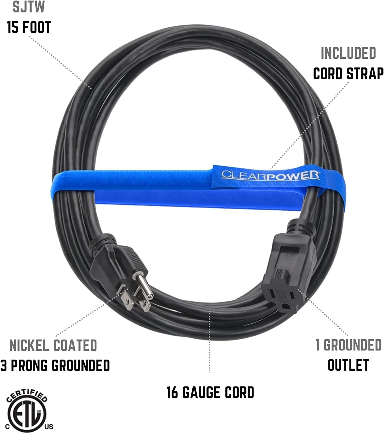 CP 15 ft 16/3 SJTW Outdoor Extension Cord, 3 Prong Grounded Plug, Black, CP10123