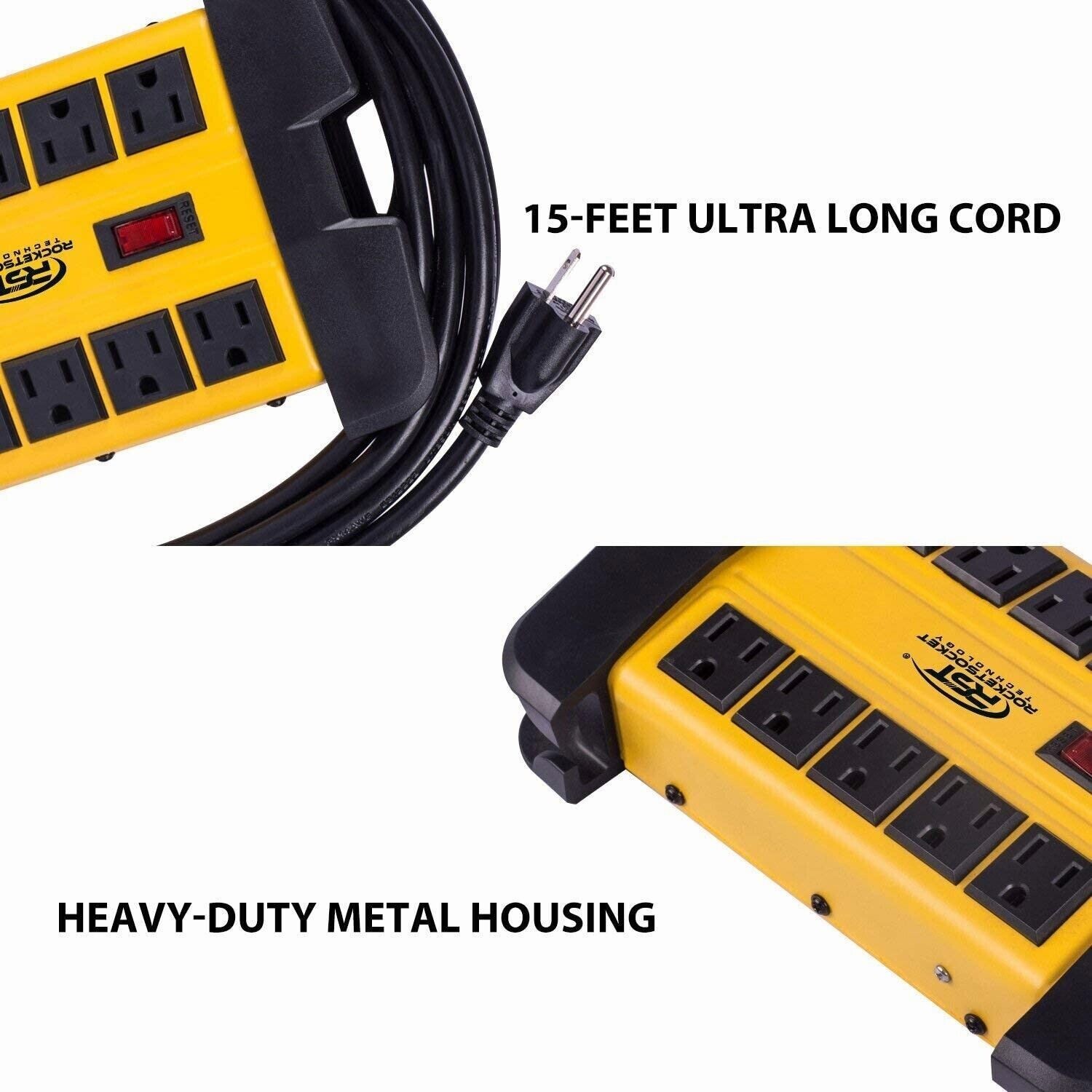10-Outlet Heavy Duty Power Strip Metal Surge Protector with 15 Amps, 15 Ft cord