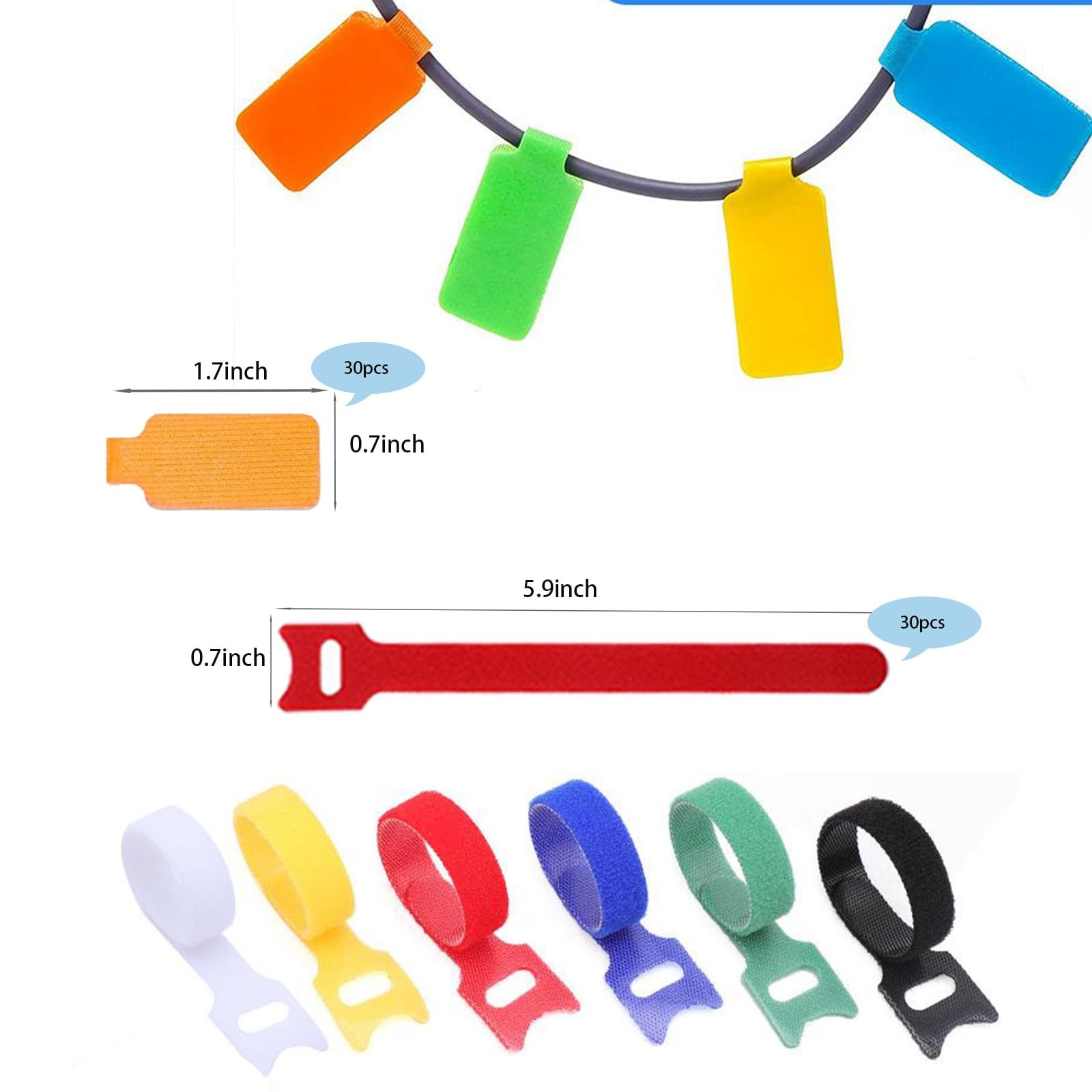 60 Pieces Cable Labels & Reusable Hook and 1.7in x 0.7in x0.12in, Colorful