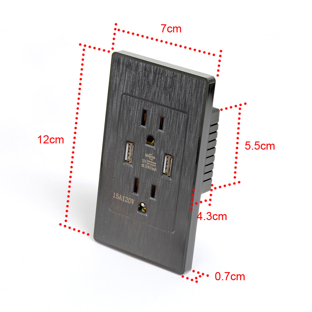 Dual USB Wall Outlet Charger Port Socket with 15A Electrical Receptacle AC Power