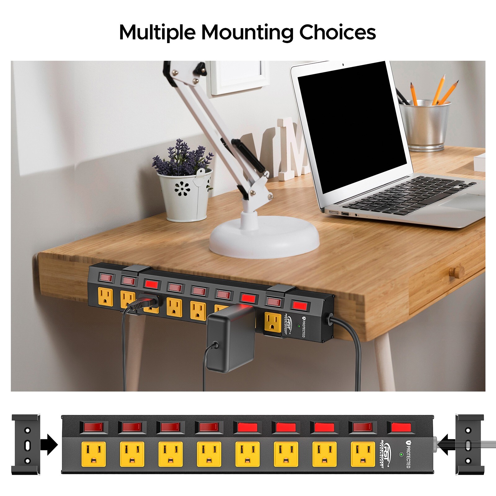 8 Outlet Heavy Duty Power Strip with Individual Switches, 6 FT Cord and Bracket