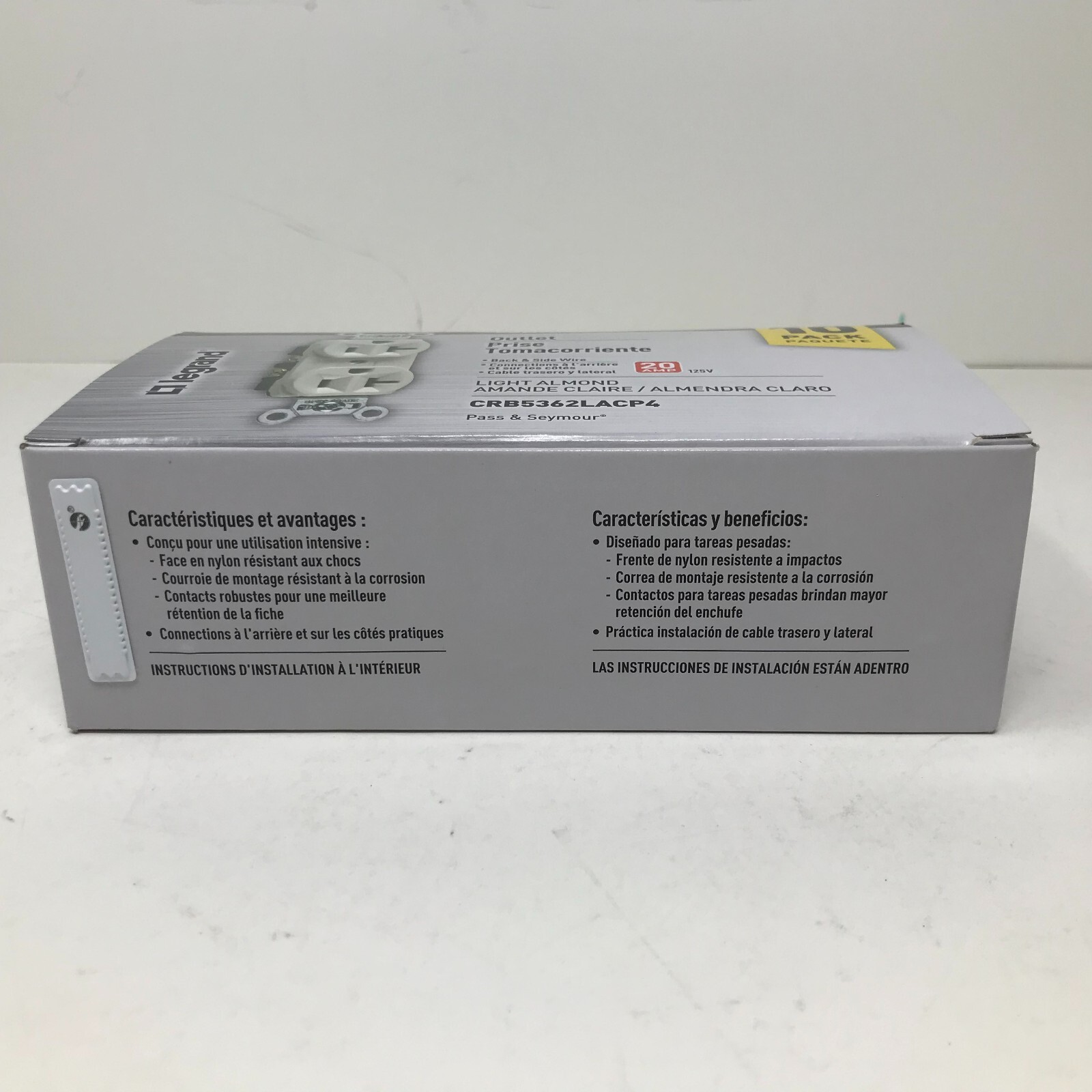 Legrand CRB5362LACP4 Commercial 20A Outlet Back & Side Wire Light Almond 10 Pack
