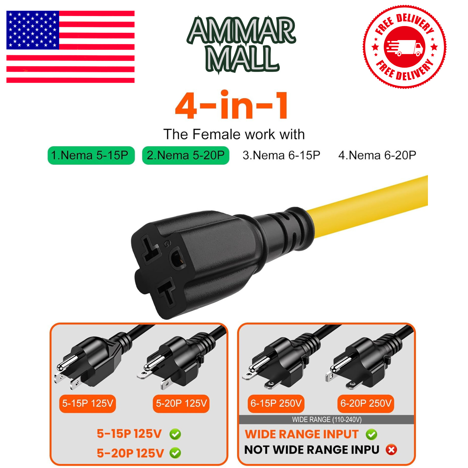 12AWG 15 Amp Household AC Plug to 20 Amp T Blade Adapter Cable, NEMA 5-15P to 5-
