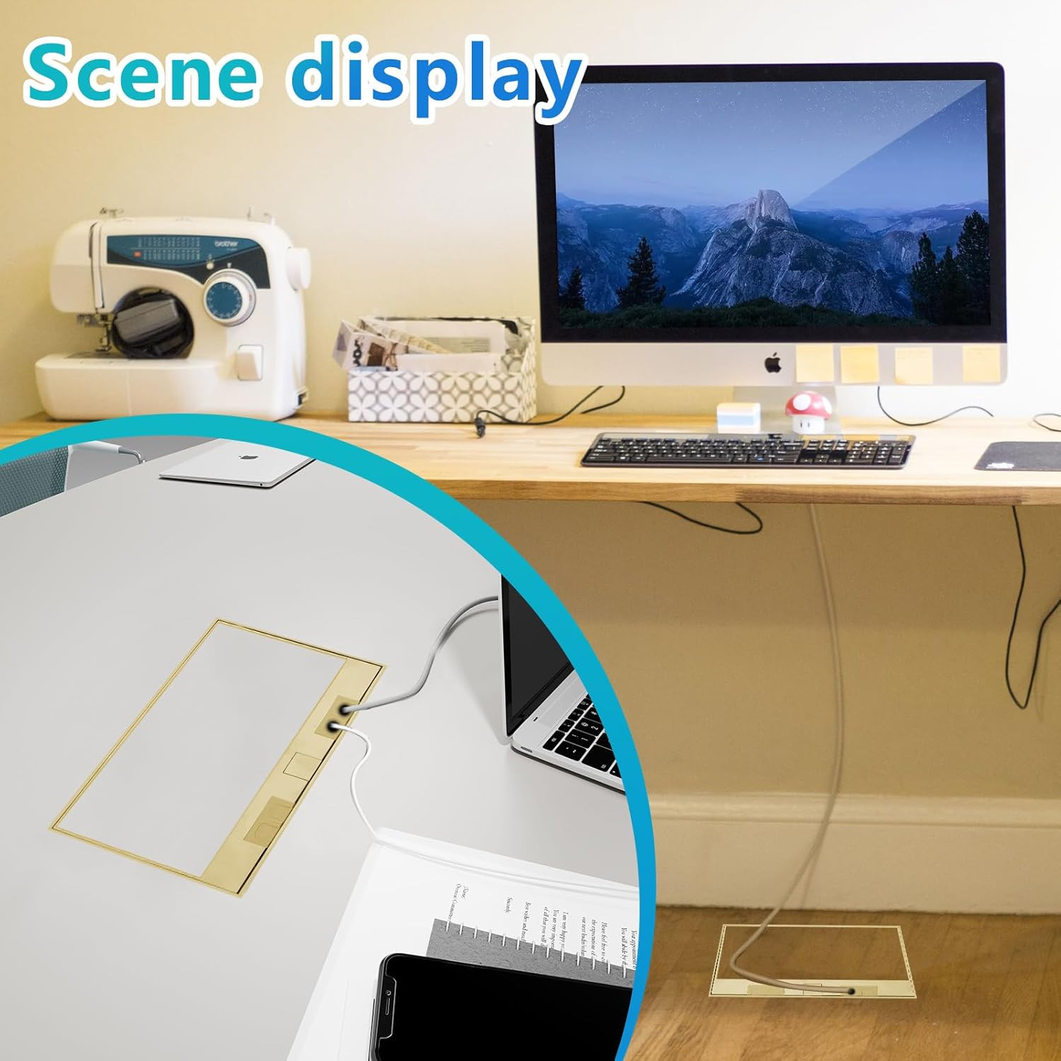 Recessed Flat Hidden Socket Kit with USB & RJ45 Ports, Brass Hardware