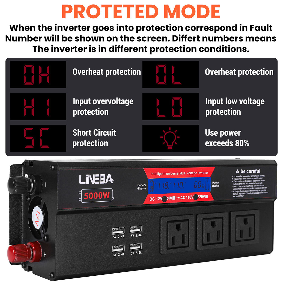 1500W 2500W 5000W Car Power Inverter 12V to 110V Converter 3AC 4USB LCD Display