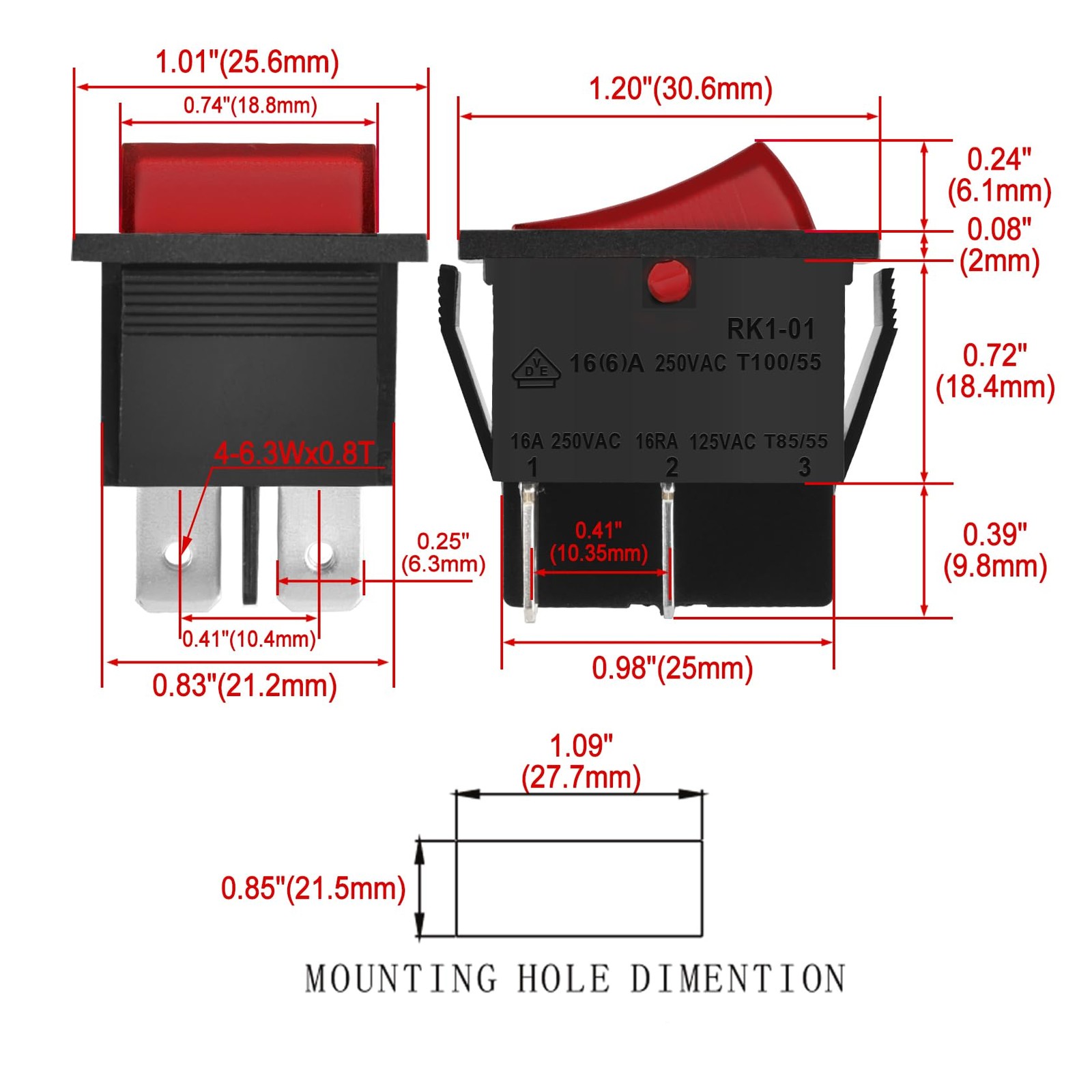 Rocker Switch ON-Off DPST 4 Terminals Red Light 16A 250VAC with Waterproof Cover