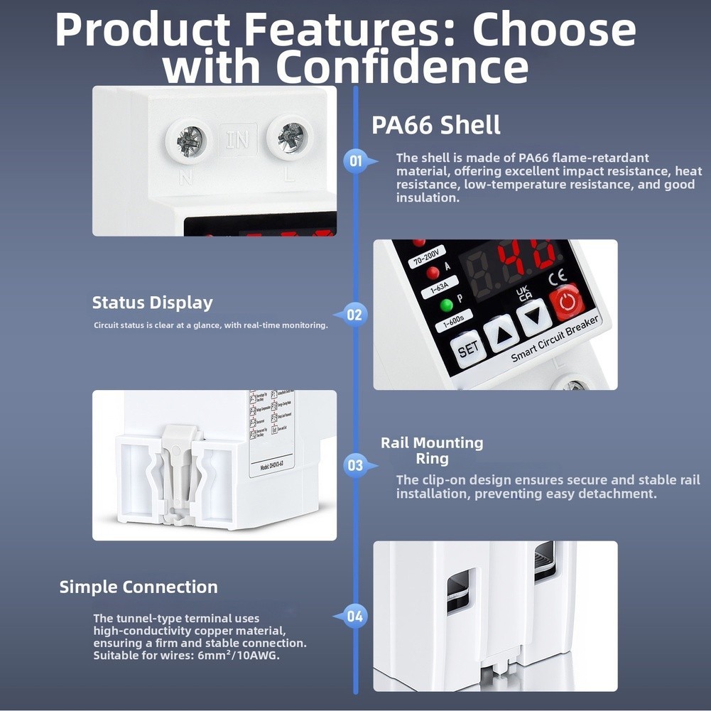 AC220V 110V 63A Overvoltage and Undervoltage Protector Circuit Breaker