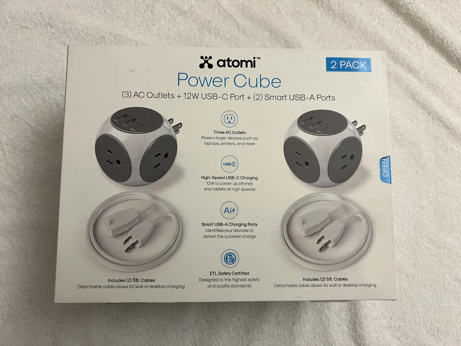 2 Atomi Power Cubes | 3 AC Outlets | 12W USB-C Port | 2 Smart USB Ports Each